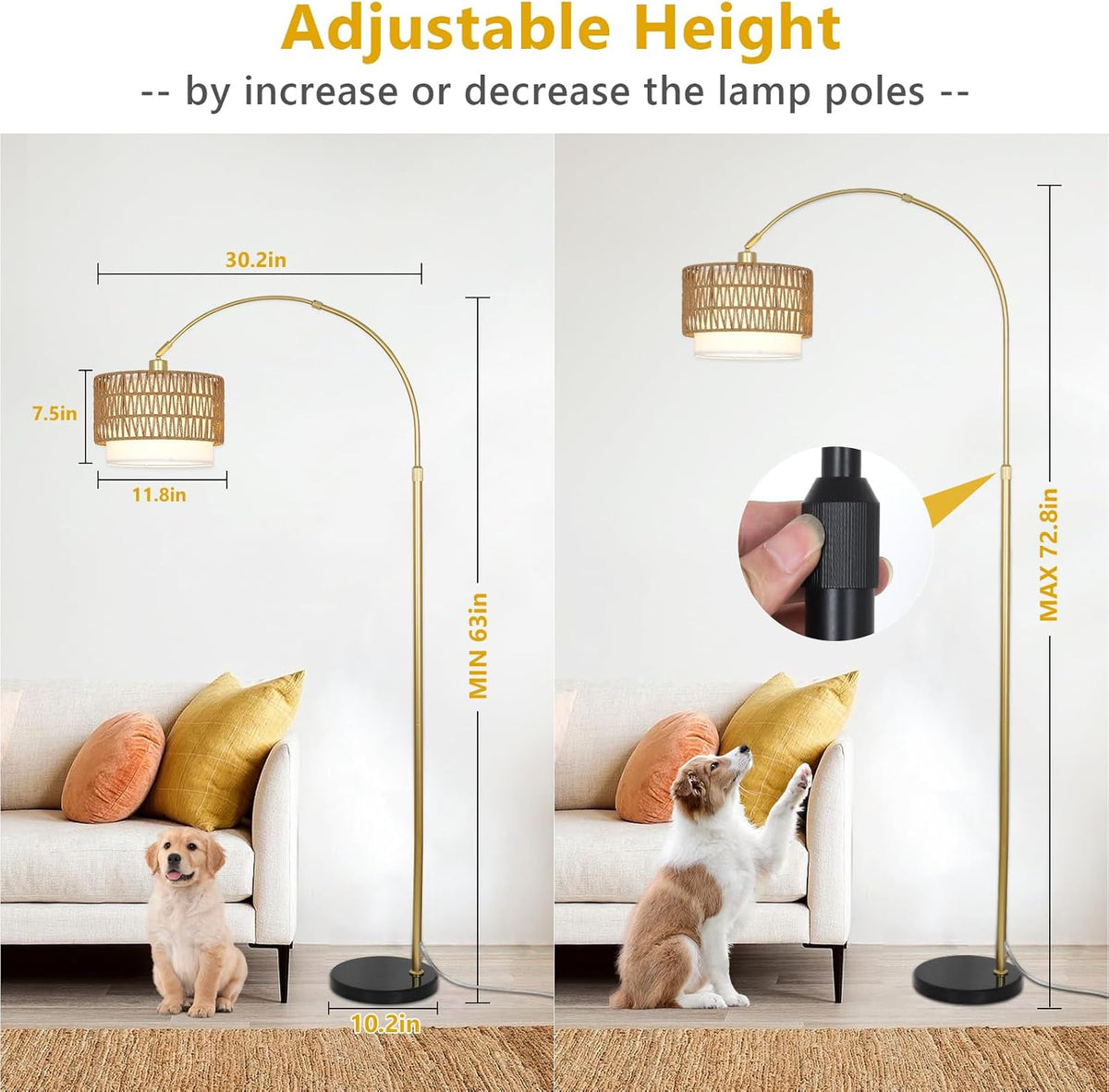 Height-Adjustable Arc Floor Lamp with Rattan & Linen Shades - product image 9