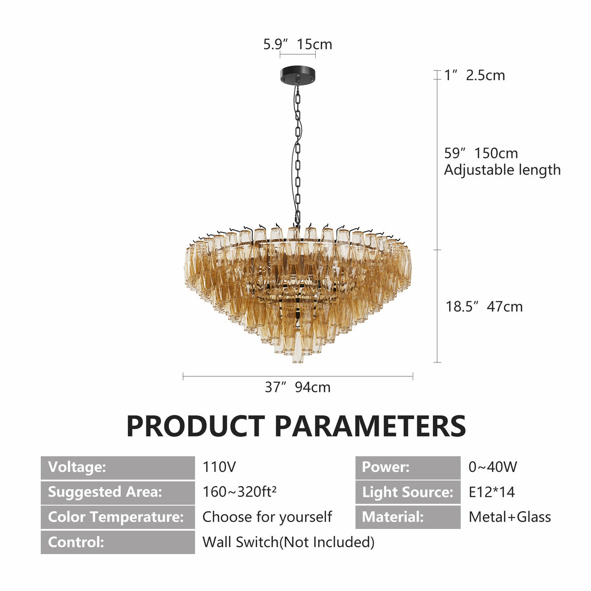 37-Inch Tiered Smoke Glass 14-Light Chandelier - product image 19