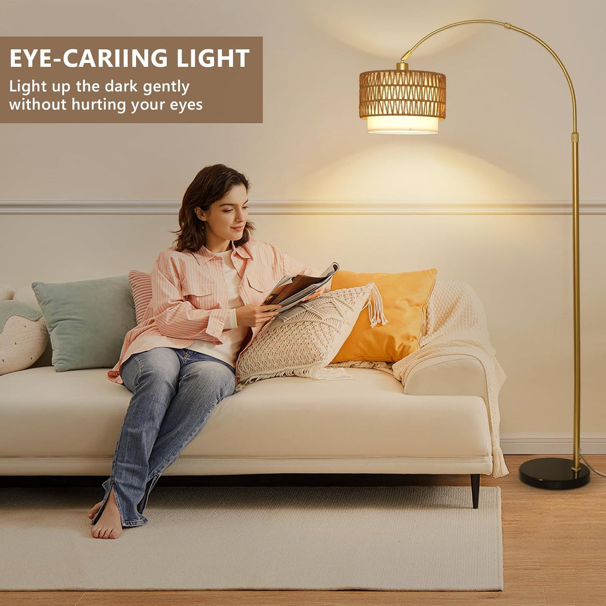 Height-Adjustable Arc Floor Lamp with Rattan & Linen Shades - product image 4