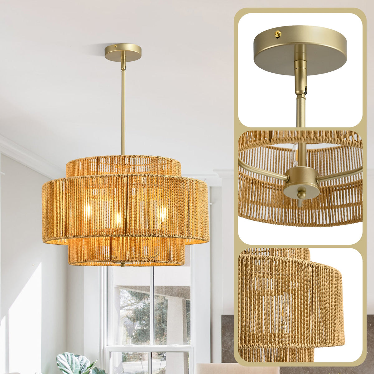 Three-Light Woven Paper Rope Chandelier - product image 6