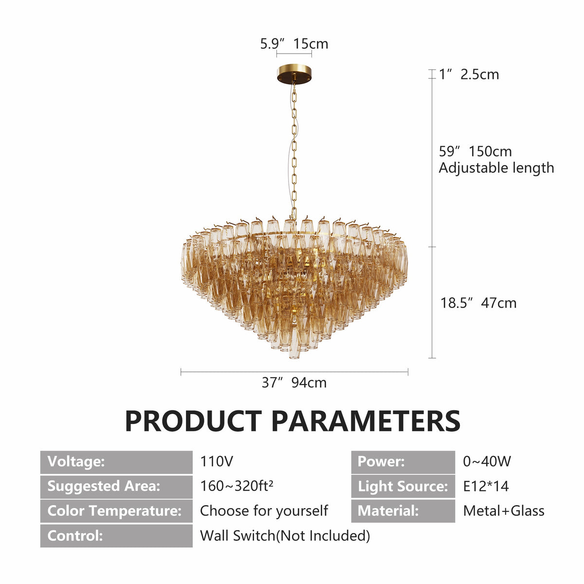 37-Inch Tiered Smoke Glass 14-Light Chandelier - product image 9