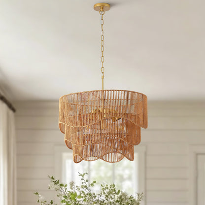 Handwoven Wave Rattan 7-Light Pendant Chandelier