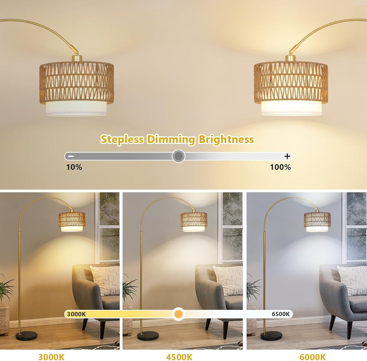 Height-Adjustable Arc Floor Lamp with Rattan & Linen Shades - product image 7