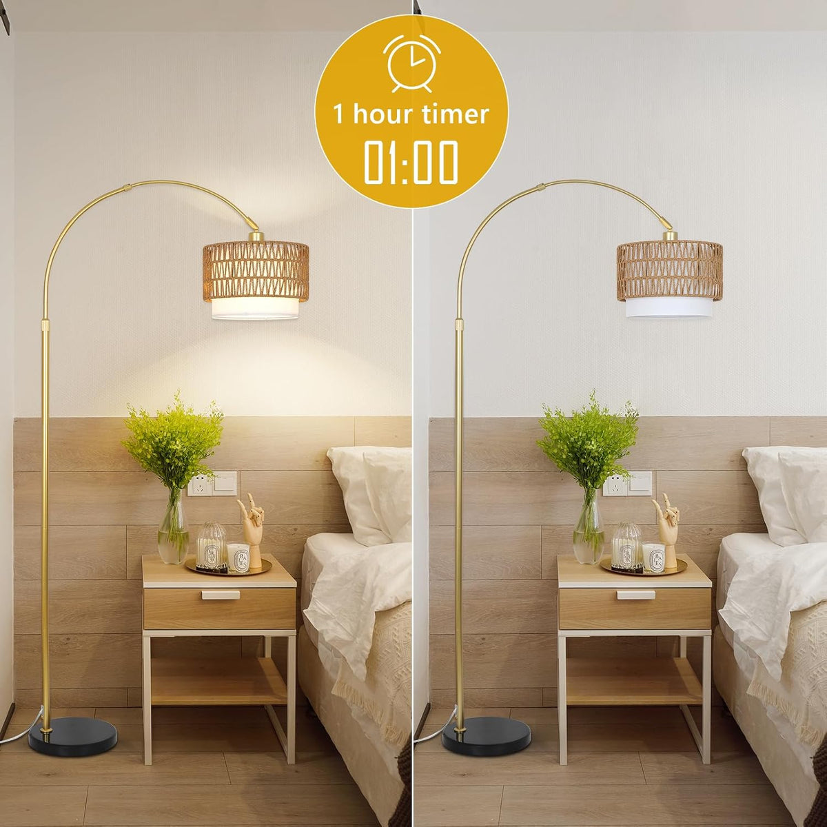 Height-Adjustable Arc Floor Lamp with Rattan & Linen Shades - product image 2