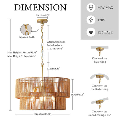 Two-Tier Handwoven Rattan 5-Light Pendant Chandelier - product image 8