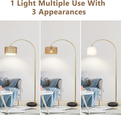 Height-Adjustable Arc Floor Lamp with Rattan & Linen Shades - product image 5