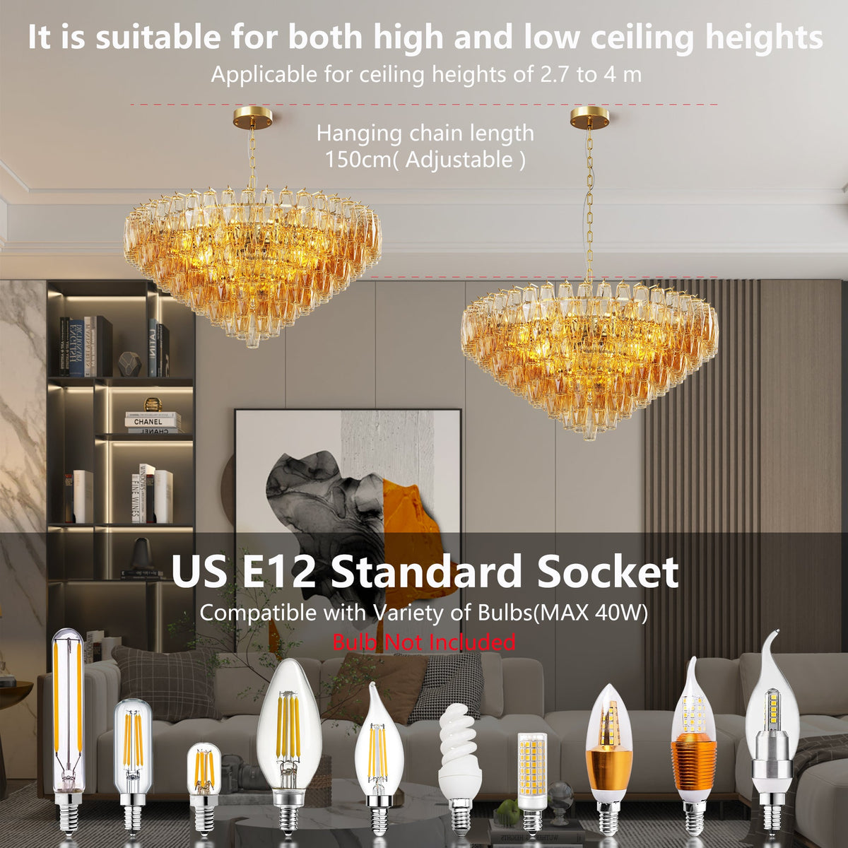 37-Inch Tiered Smoke Glass 14-Light Chandelier - product image 6