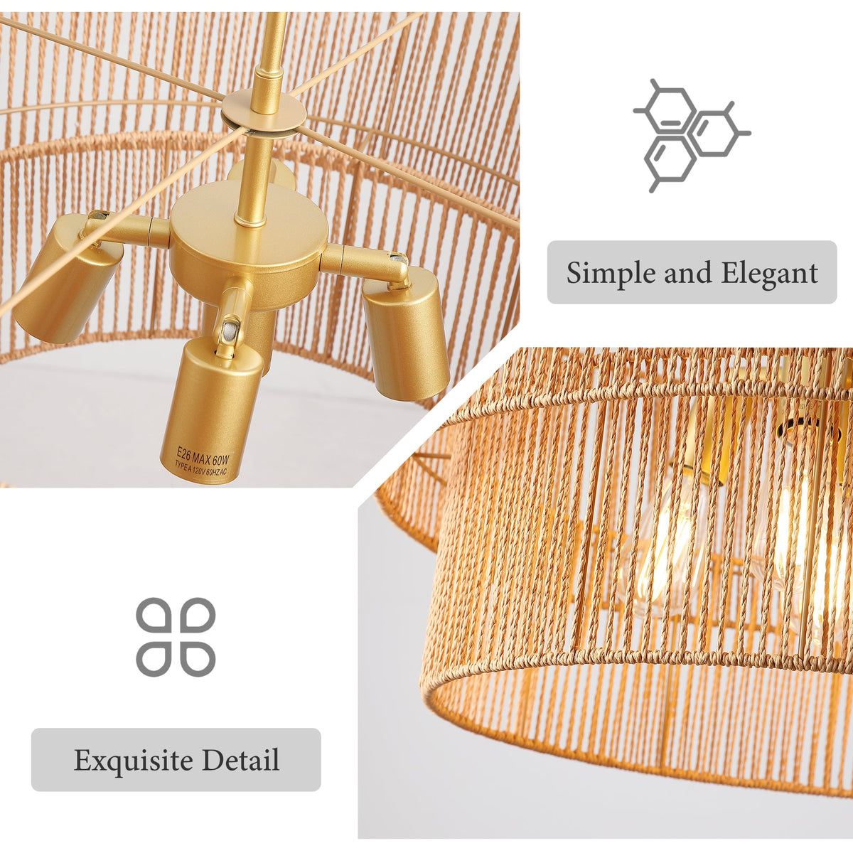 Two-Tier Handwoven Rattan 5-Light Pendant Chandelier - product image 11