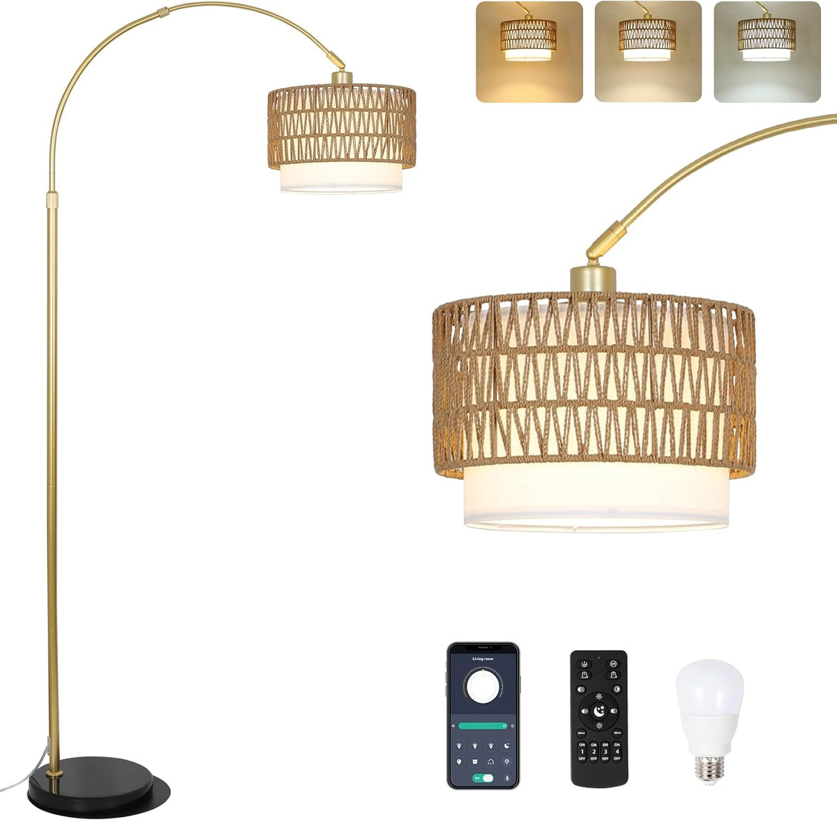 Height-Adjustable Arc Floor Lamp with Rattan & Linen Shades - product image 1